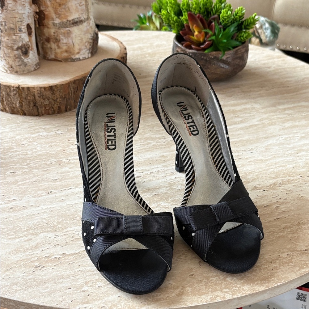 Unlisted Black Peep Toe Heels with Bow Accent